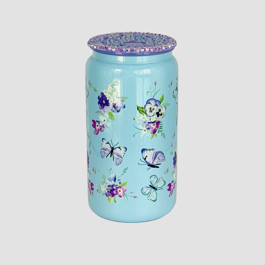 Blue Glass cup with Purple Rhinestones lid - 16 Oz