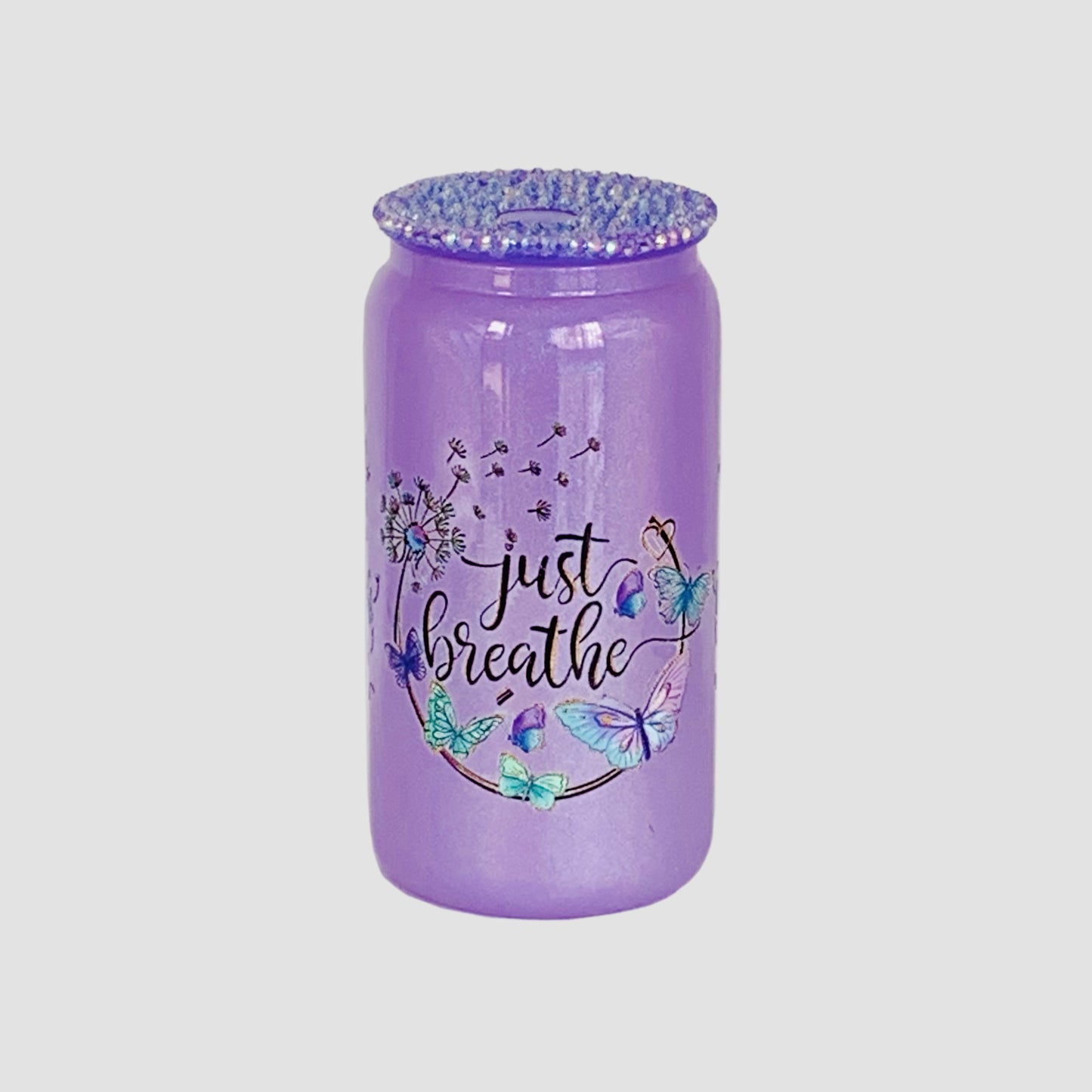Purple Glass cup with Purple Rhinestones lid - 16 Oz