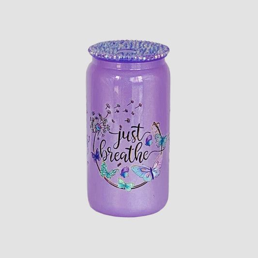 Purple Glass cup with Purple Rhinestones lid - 16 Oz