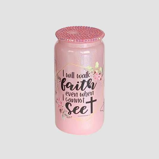 Pink Glass cup with Pink Rhinestones lid - 16 Oz