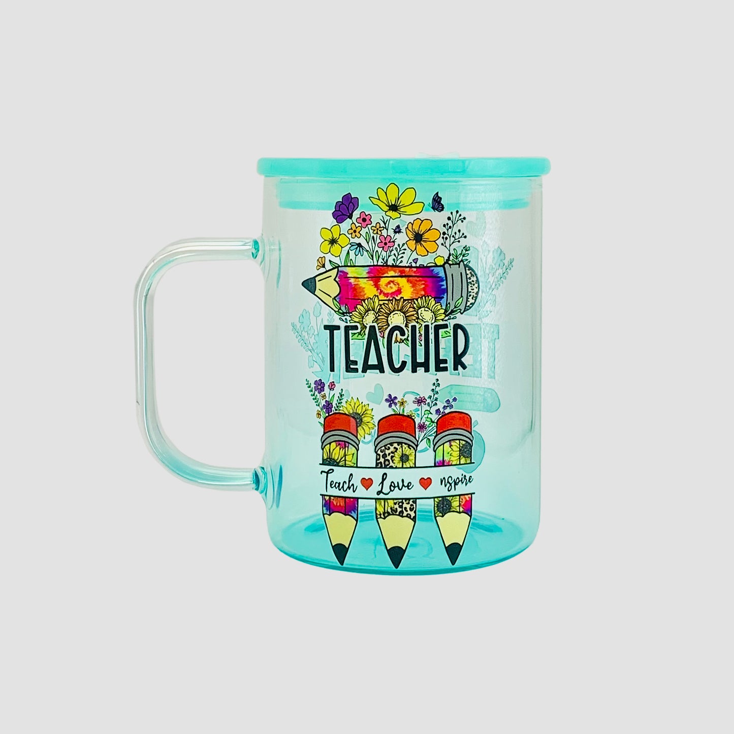 Green Glass Mug - "Best Teacher Ever with Pencils"