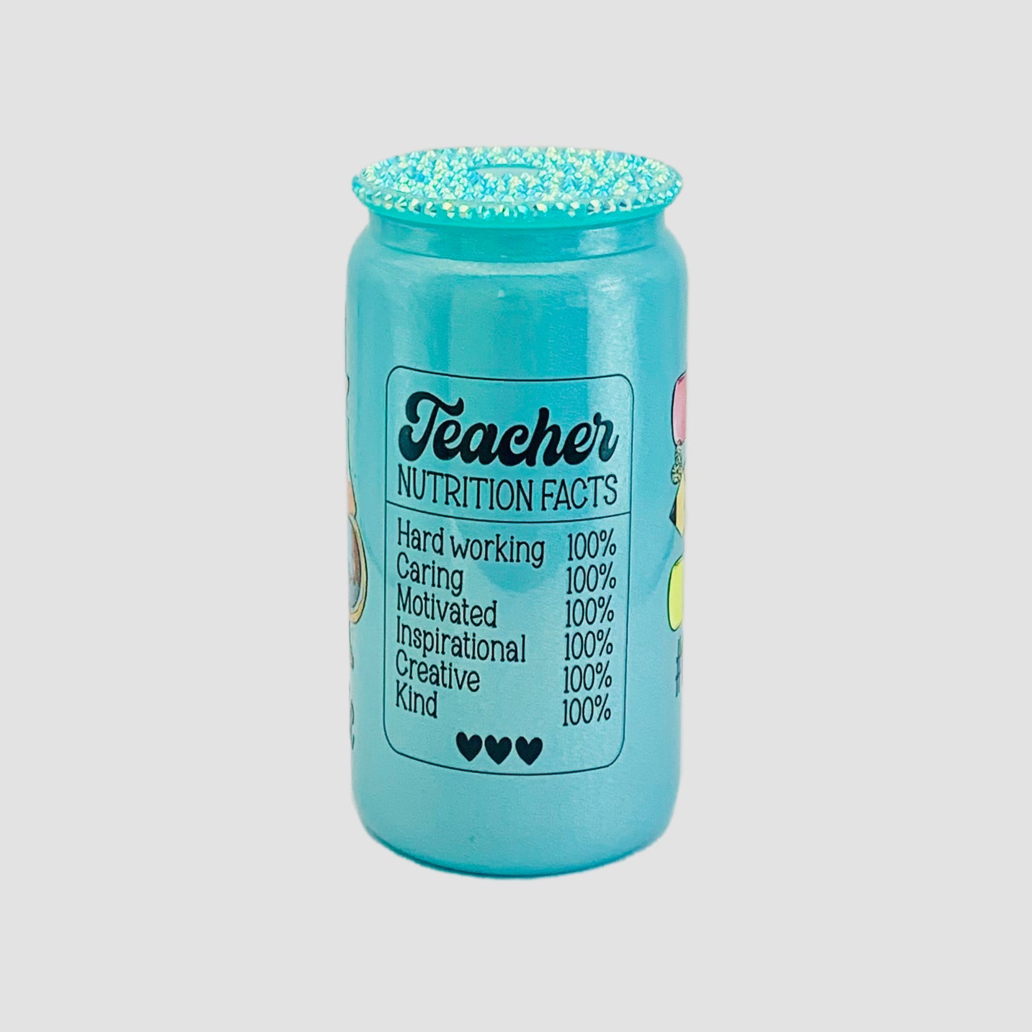 Teal Glass cup with Rhinestones lid - Teacher's Life