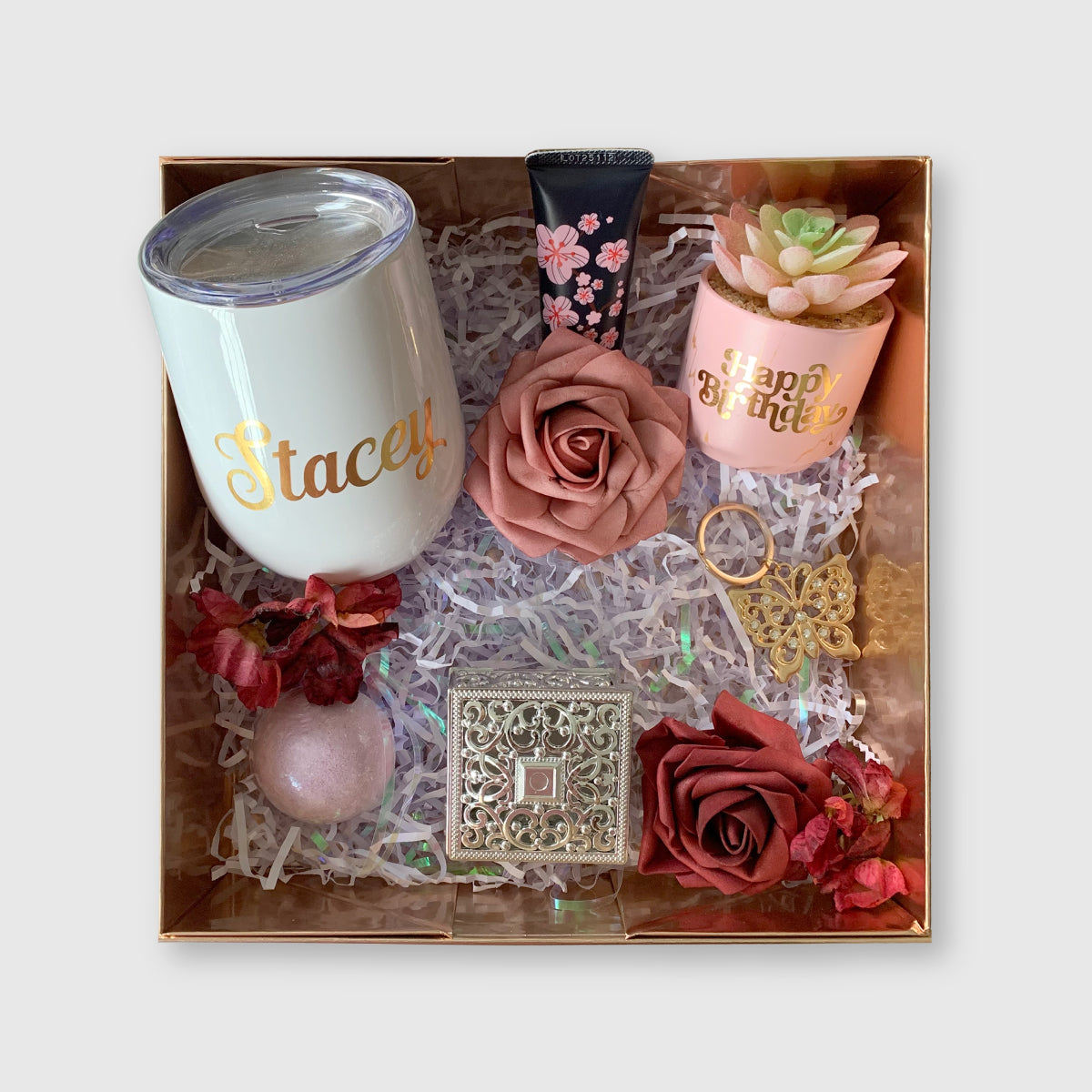 Golden Rose Birthday Gift Box with a Personalized Wine Tumbler