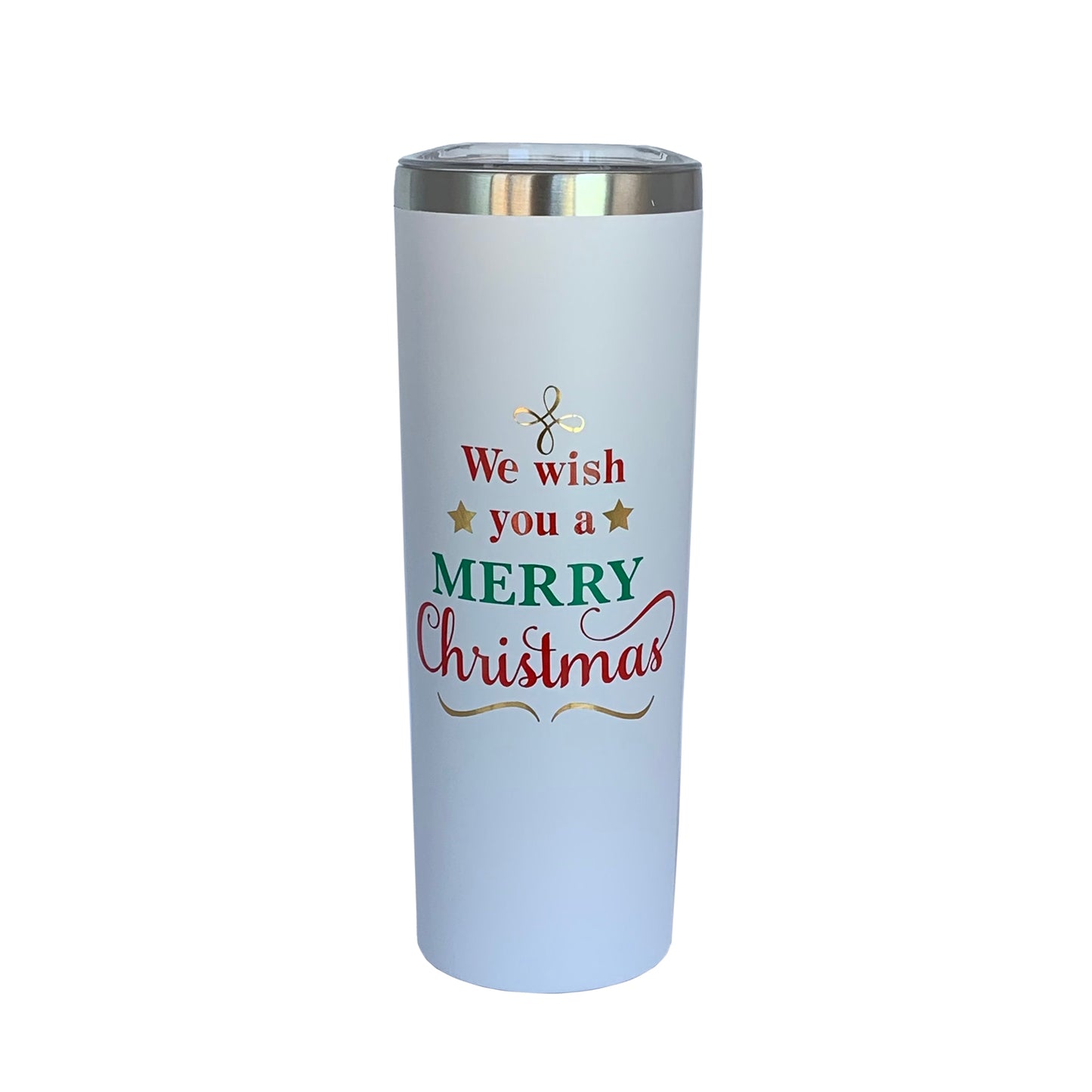 White Skinny Tumbler - We Wish You a Merry Christmas-Red and Green