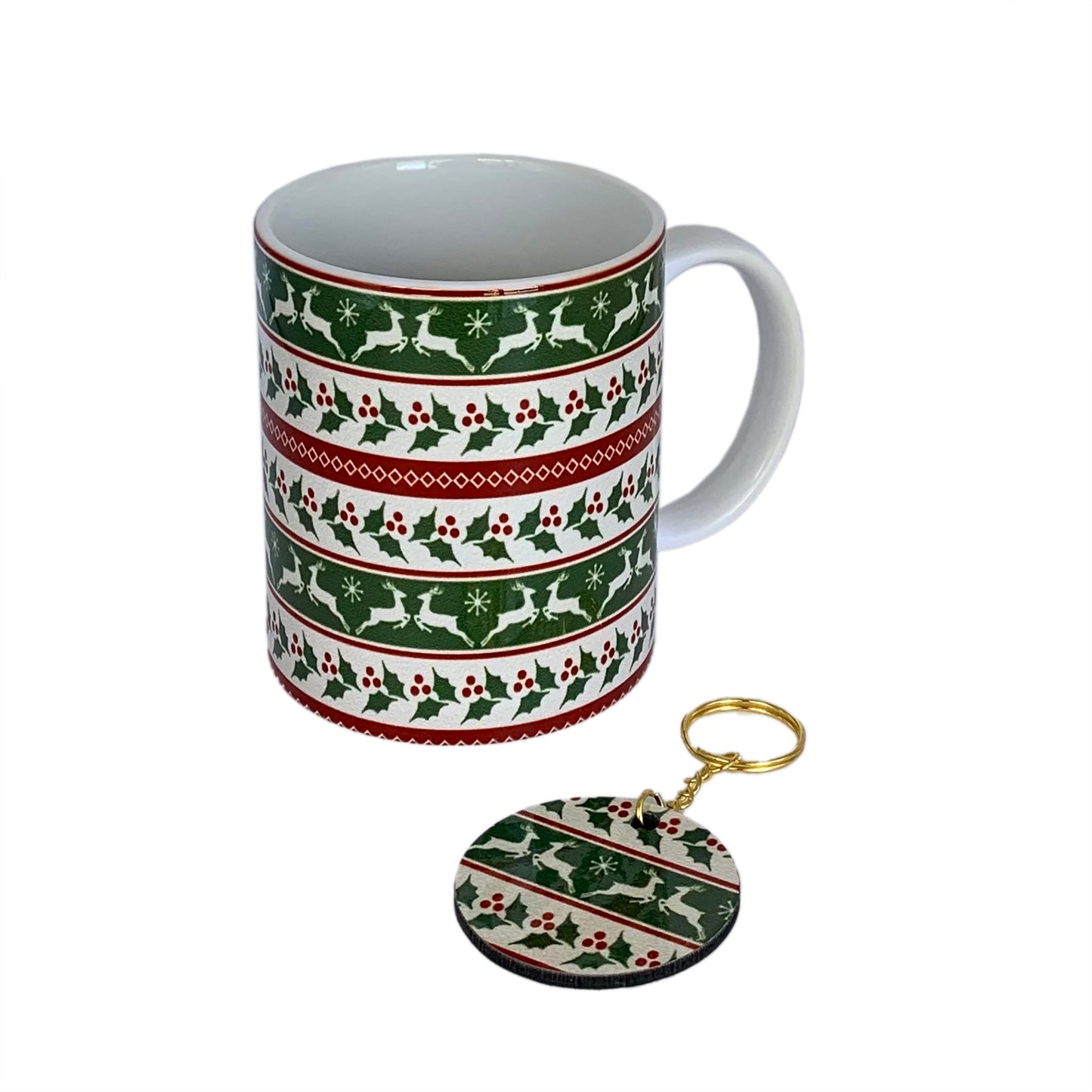 12oz Christmas Mug - Red and Green with deer and Key Chain