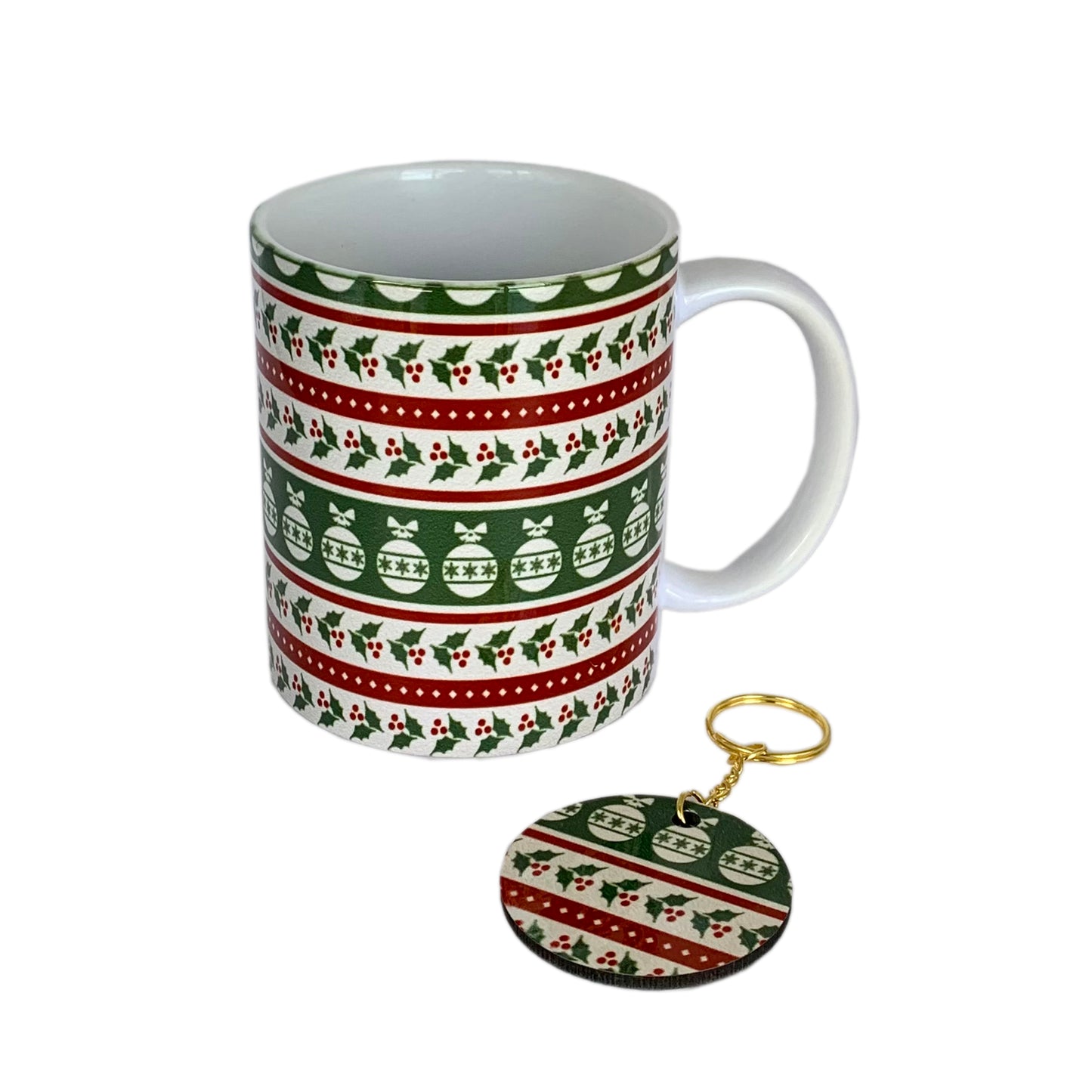 12oz Christmas Mug - In red and green with ornament with key chain