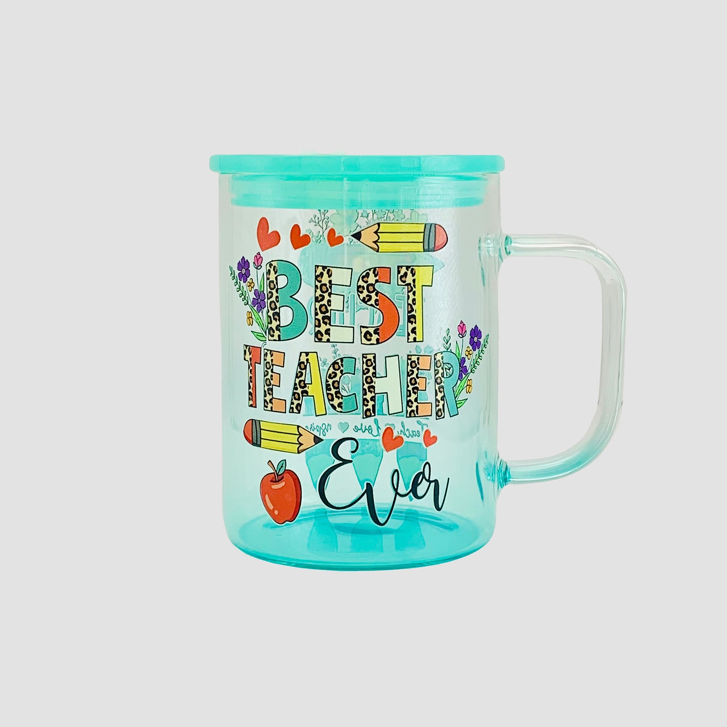 Green Glass Mug - "Best Teacher Ever with Pencils"