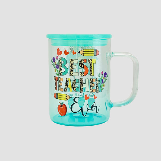 Green Glass Mug - "Best Teacher Ever with Pencils"