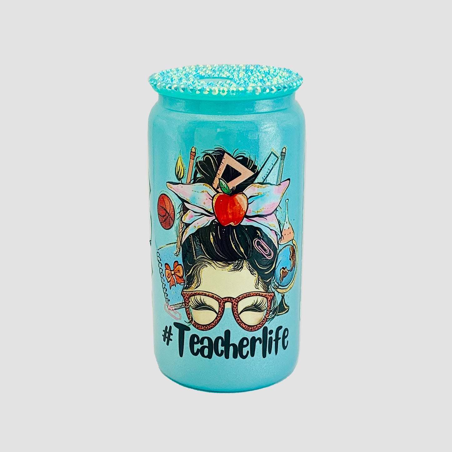 Teal Glass cup with Rhinestones lid - Teacher's Life