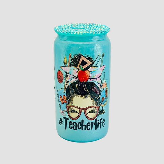 Teal Glass cup with Rhinestones lid - Teacher's Life