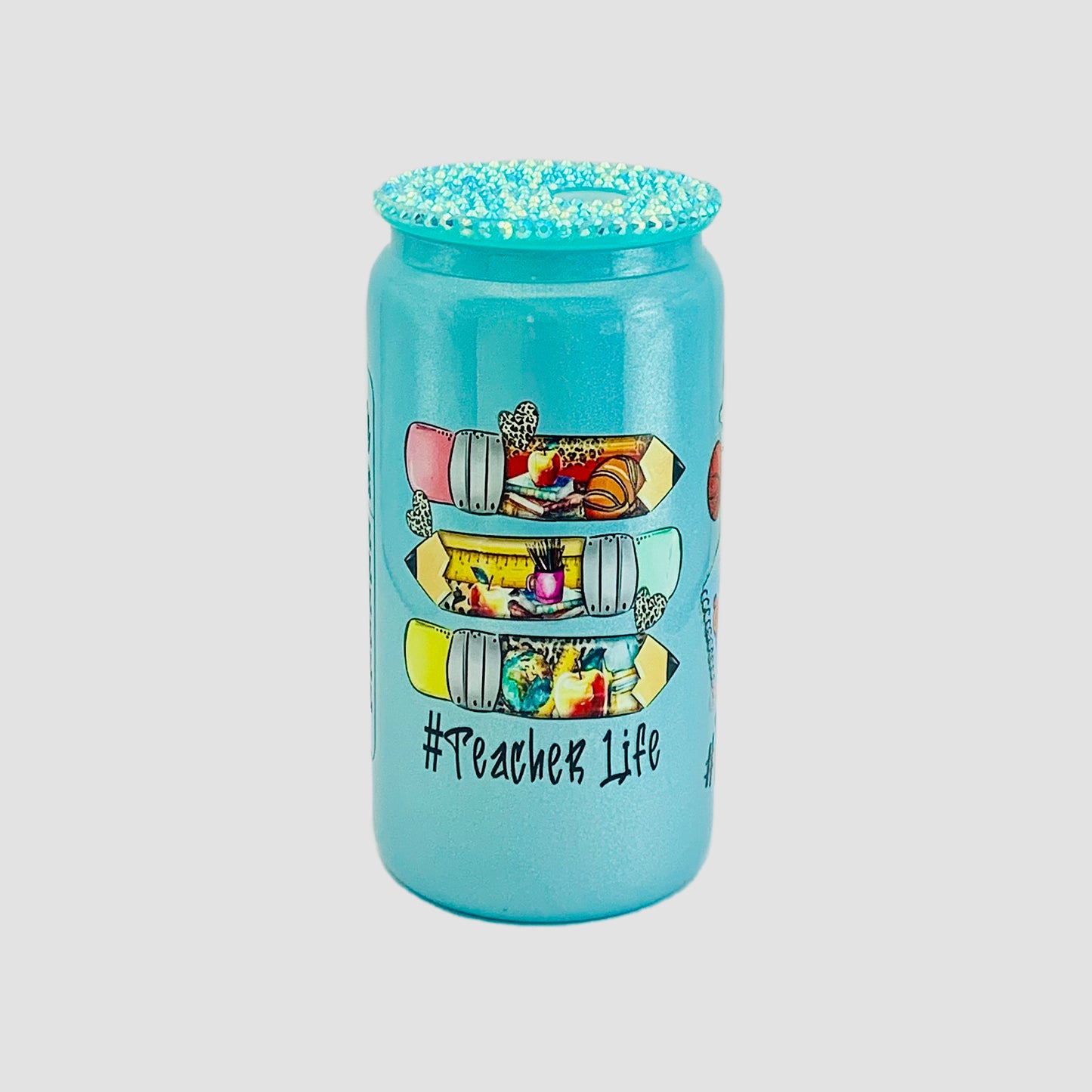 Teal Glass cup with Rhinestones lid - Teacher's Life