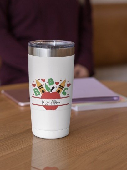20oz White Tumbler -  Apple and Crayons with Name